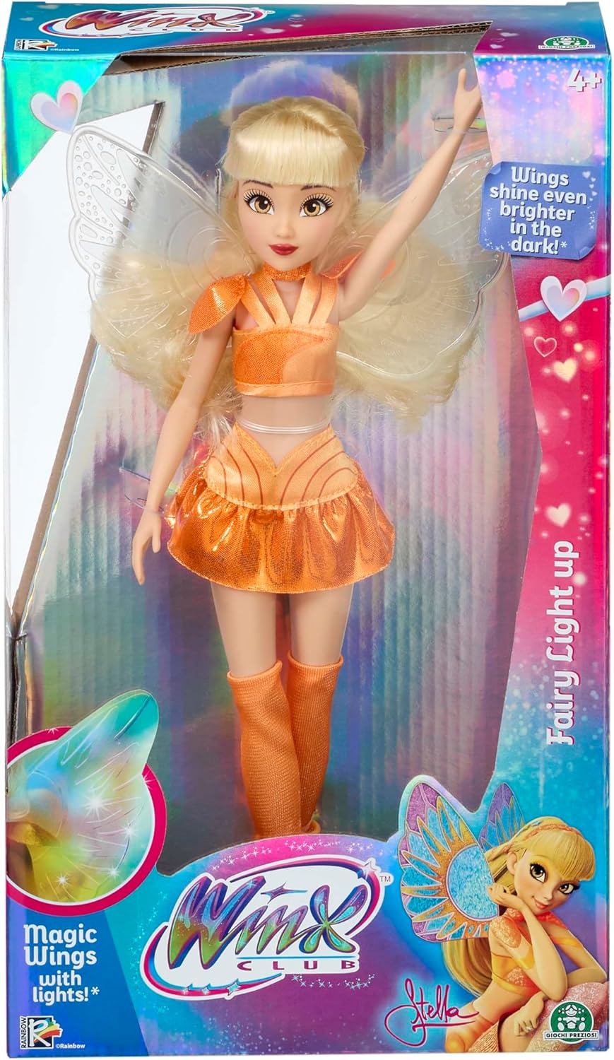 Winx Boneca com Asas Iluminadas – Stella com Roupa Brilhante e Asas Luminosas – Boneca Fashion de 27 cm com Membros Articulados – Asas Iluminadas Interativas para Brincadeiras Mágicas – Brinquedo Oficial do Clube Winx – Para Crianças a partir de 4 Anos