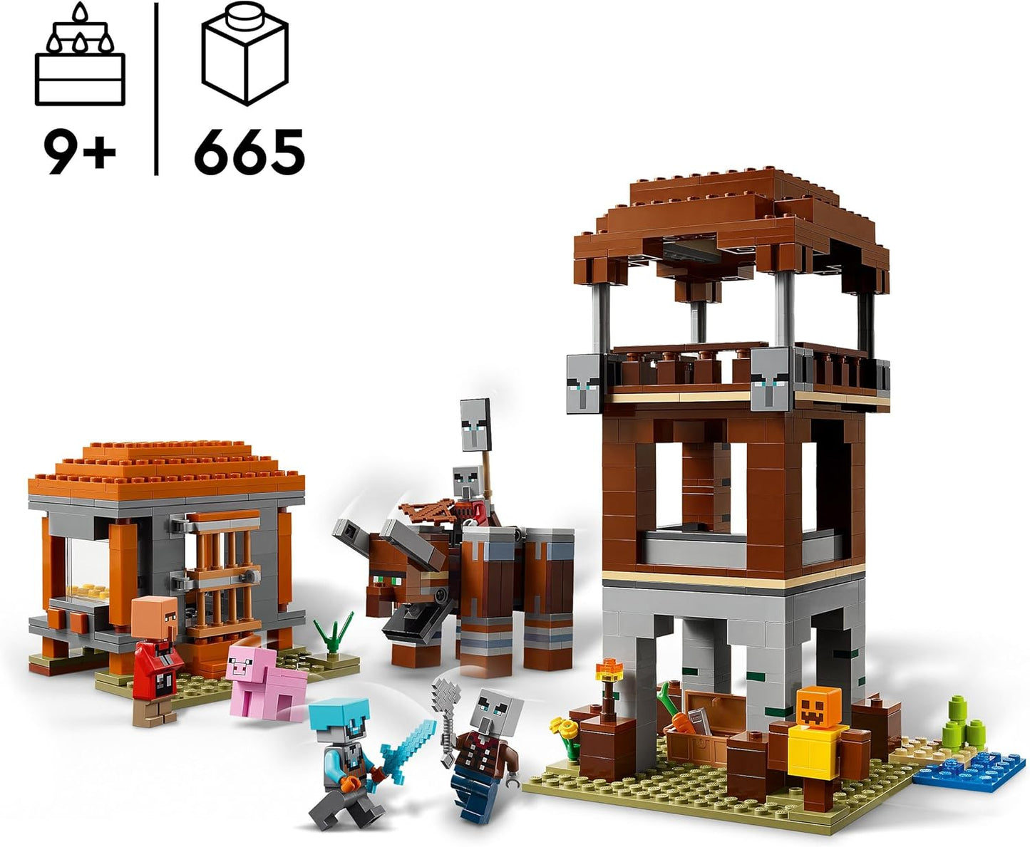 LEGO Minecraft The Pillager Outpost and Ravager - Brinquedo de construção de fortaleza de vila, incluindo uma figura de Ravager articulável com função de mandíbula estalando - Presente para meninos e meninas a partir de 8 anos - 21278