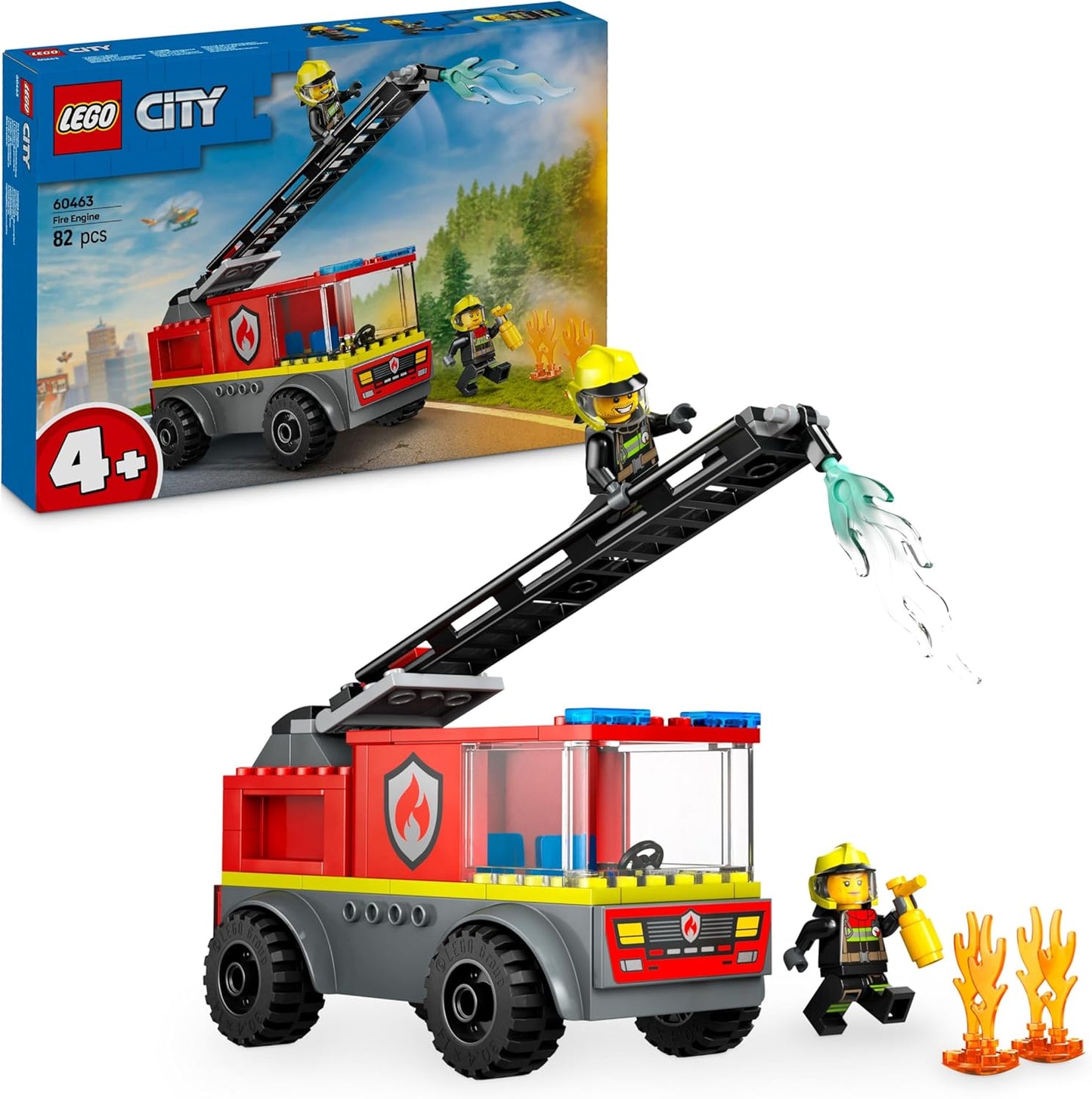 LEGO City Carro de bombeiros com brinquedo de escada para crianças - Conjunto de veículo com um caminhão e 2 minifiguras de bombeiro para meninos e meninas de mais de 4 anos - Presentes educacionais para crianças em idade pré-escolar