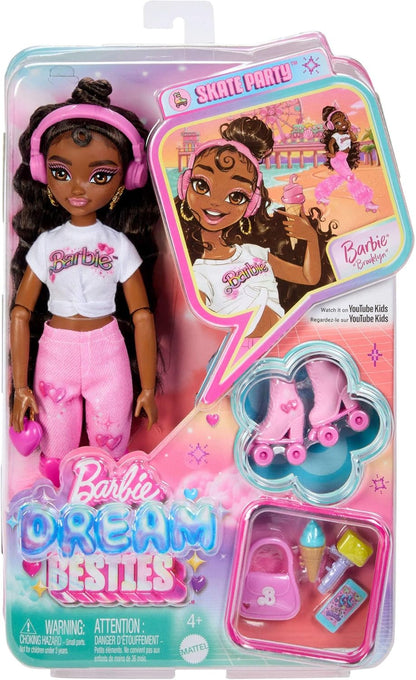 Barbie Dream Besties Boneca e Acessórios, Barbie “Brooklyn” Boneca Fashion Articulada de Patins com Cabelo Castanho Escuro, 9 Peças Temáticas de Música e Vídeo, JFX97