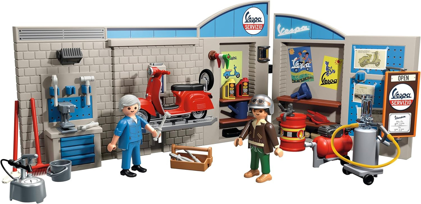 Playmobil Carros 71620: Garagem Vespa dos anos 60, incluindo plataforma elevatória móvel, com acessórios versáteis para uma oficina autêntica, para entusiastas de veículos, crianças e adultos