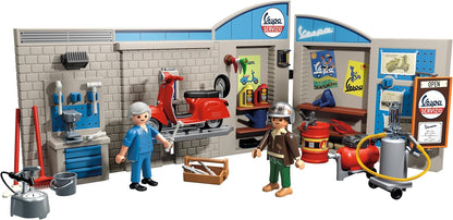 Playmobil Carros 71620: Garagem Vespa dos anos 60, incluindo plataforma elevatória móvel, com acessórios versáteis para uma oficina autêntica, para entusiastas de veículos, crianças e adultos