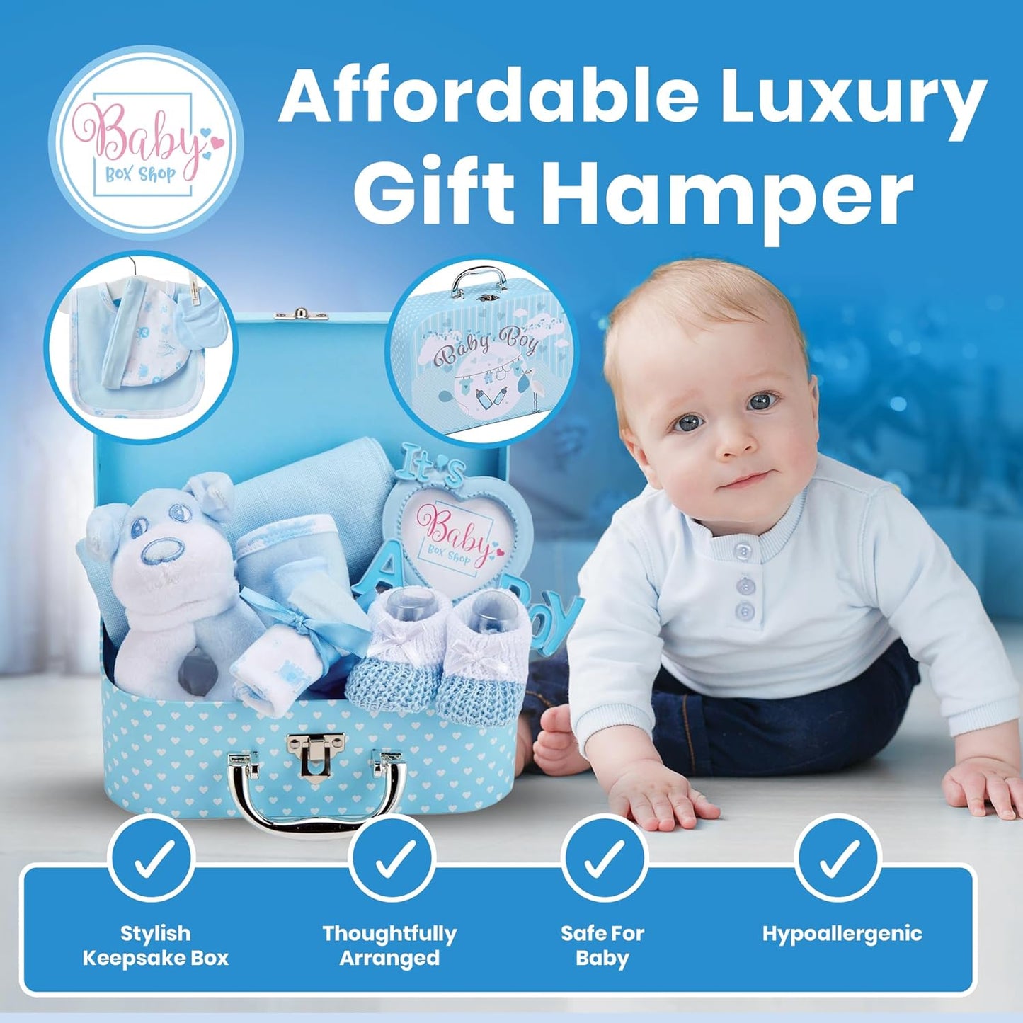 Baby Box Shop - Conjunto de presente para recém-nascidos - Cesta premium com chocalho para cachorro, porta-retratos, tecido de musselina, chá de bebê para recém-nascidos