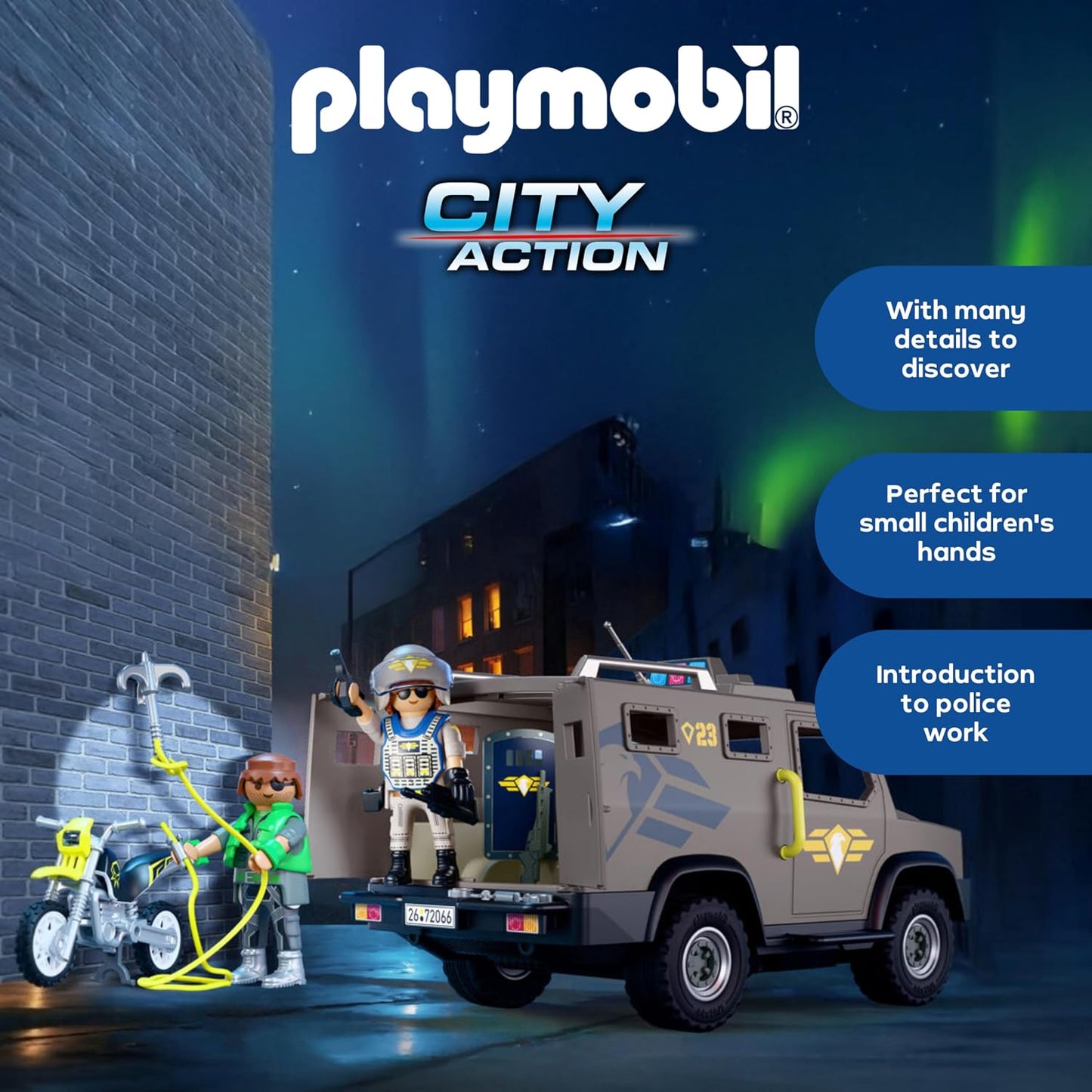 Playmobil Veículo da SWAT City Action, com Policial, Motocicleta do Criminoso e Faixa de Pregos, Brinquedo Infantil para Maiores de 4 Anos, 72066