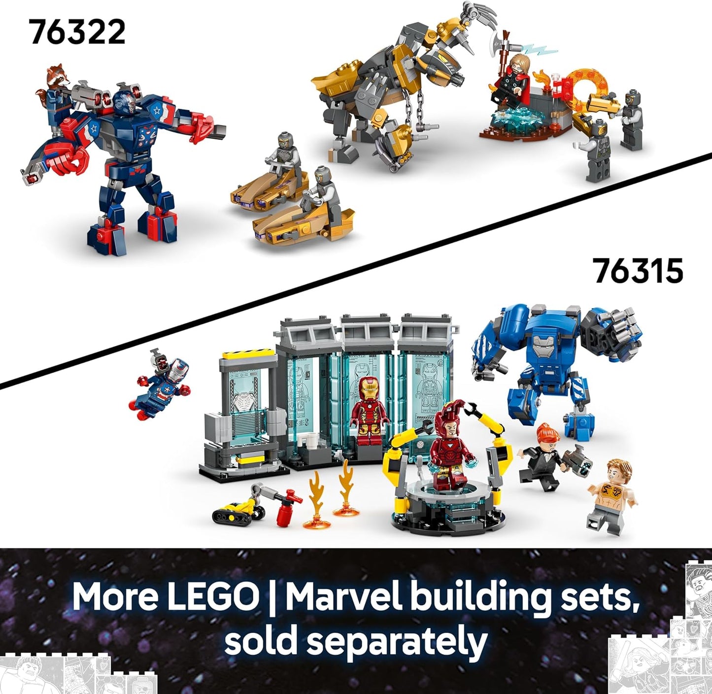 LEGO ǀ Marvel Homem de Ferro e Máquina de Combate vs. Drones Hammer - Brinquedo de Construção com 2 Minifiguras e 2 Figuras de Ação com Disparadores de Peças - Presente de Super-Herói para Meninos a partir de 7 Anos - 76320