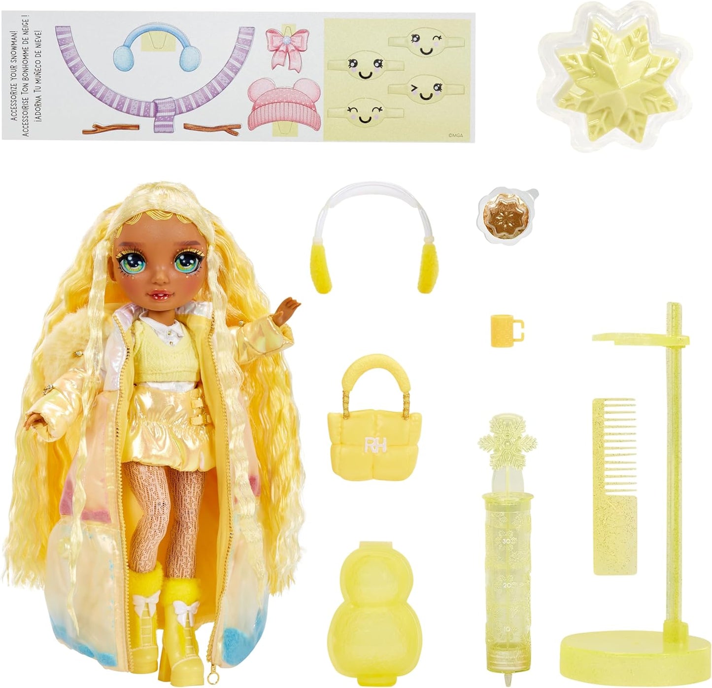 Rainbow High Winter Wonderland - Sunny (Amarela) - Boneca Fashion de 28 cm, com Neve Mágica Escondida que se Transforma com Água, Acompanha Kit de Boneco de Neve, Adequada para Crianças de 4 a 12 Anos e Colecionadores.