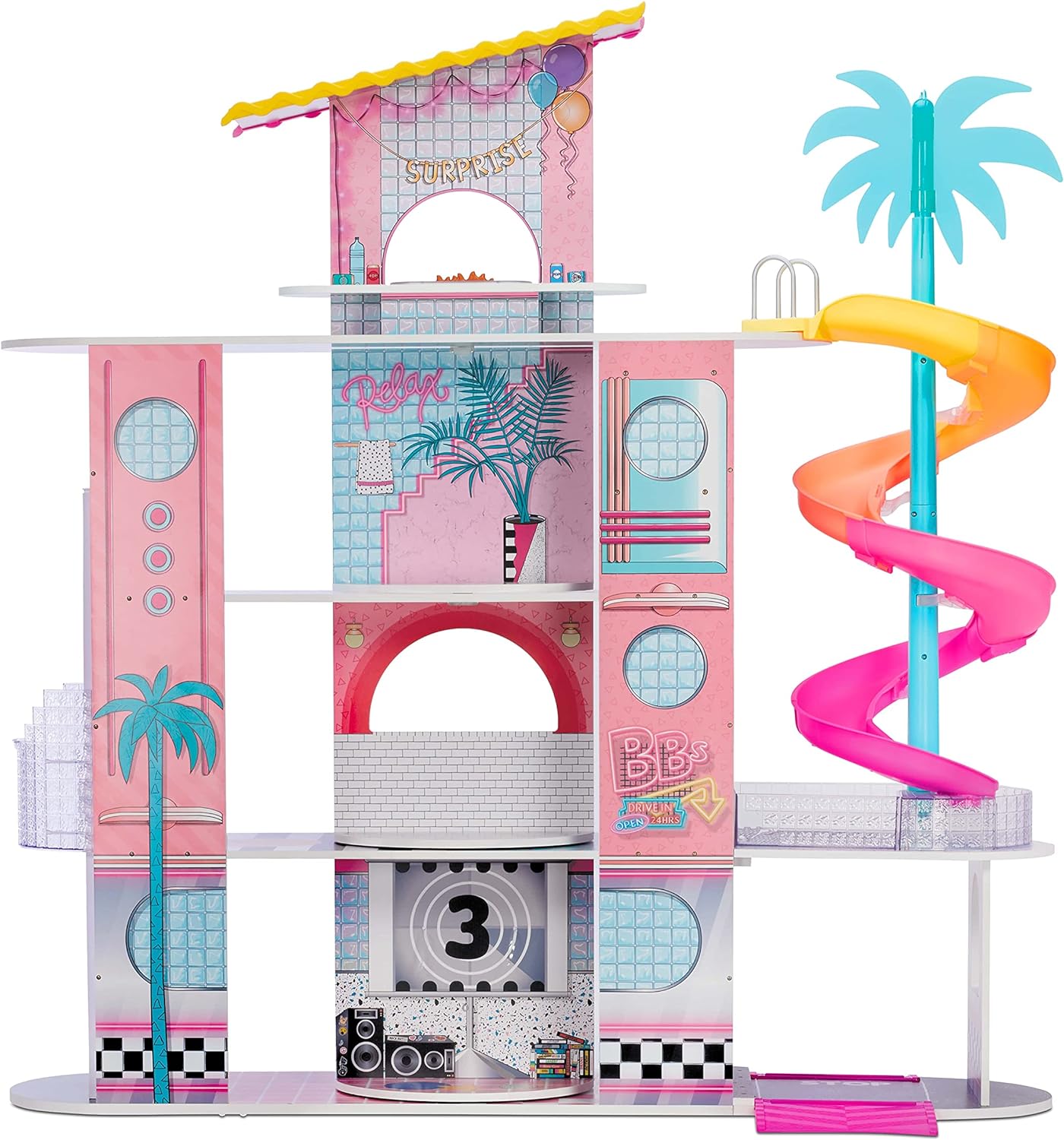 L.O.L. Surprise Conjunto de jogos OMG Fashion House com mais de 85 surpresas - casa de bonecas de madeira real com piscina, escorregador em espiral, pátio na cobertura, cinema, móveis transformadores e muito mais - ótimo para crianças a partir de 4 anos