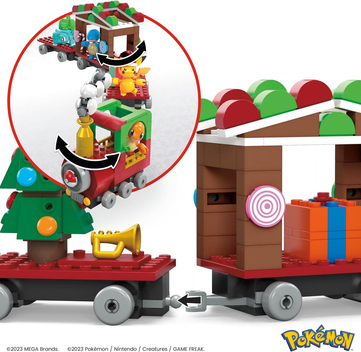 MEGA Brinquedo de Montar Pokémon – Trem Festivo com 373 Peças e 4 Personagens Articulados, Ideia de Presente para Crianças (HHP69, Multicolorido, Médio)