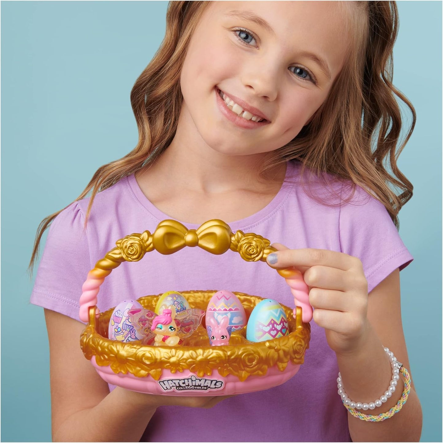 HATCHIMALS CollEGGtibles, Bunny Family Spring Basket (dourado/rosa) com 6 personagens, edição 2023, Spring Toy, brinquedos infantis para meninas a partir de 5 anos