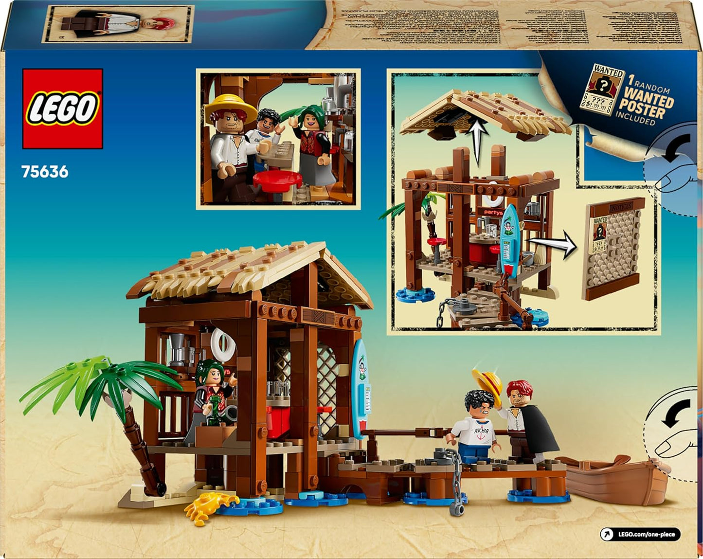 LEGO ONE PIECE Cabana da Vila do Moinho de Vento com Barco, Minifiguras do Jovem Luffy, Shanks e Makino, além de Acessórios, incluindo um Cartaz de Procurado - Presente de Anime para Meninos, Meninas e Fãs a partir de 8 Anos - 75636
