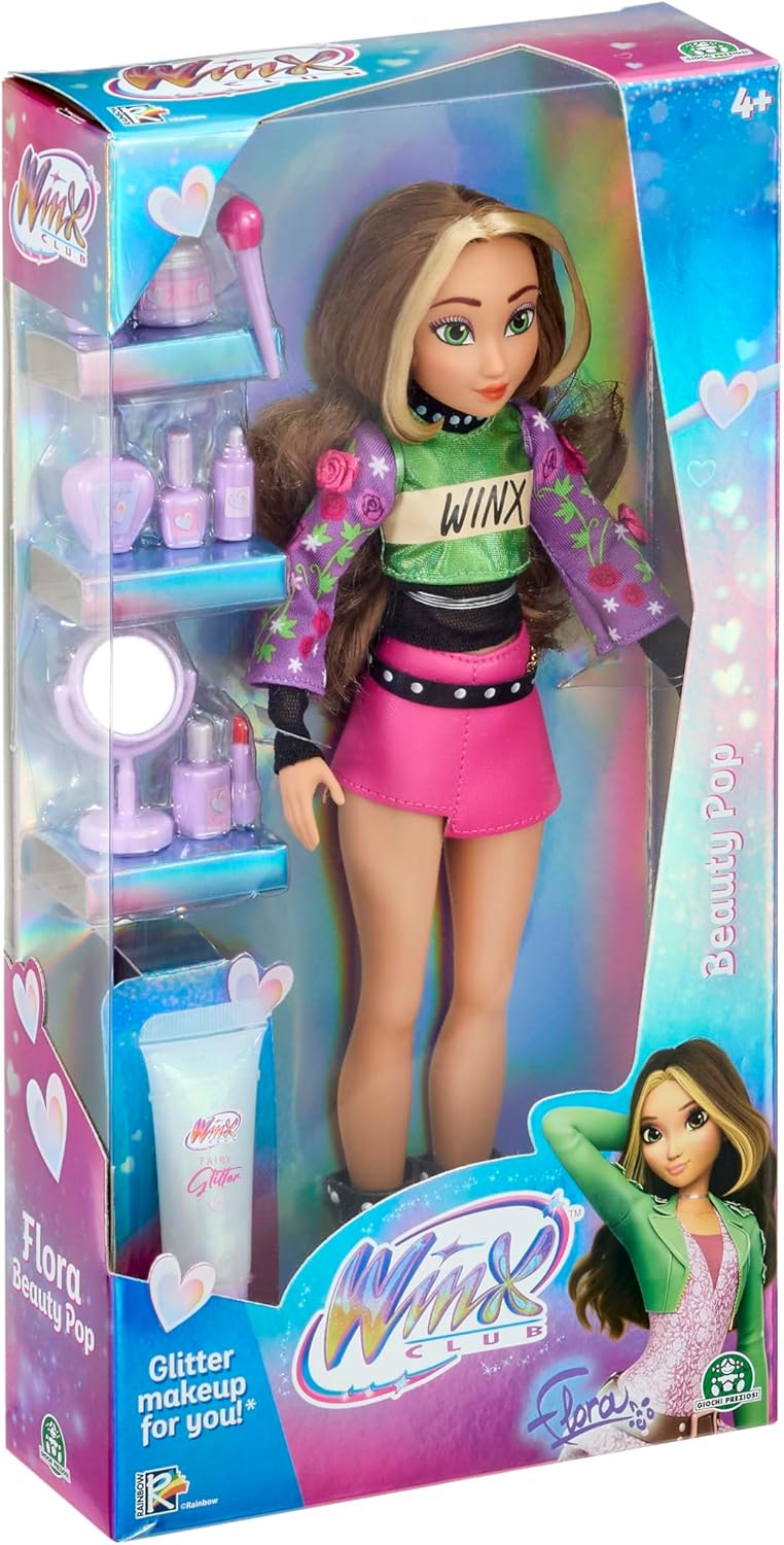 Winx Club Boneca Beauty Pop – Flora com Roupa de Show Fashion e Gel com Glitter – Boneca Fada Totalmente Articulada com Acessórios de Beleza – Brinquedo Oficial para Meninas – A partir de 4 Anos
