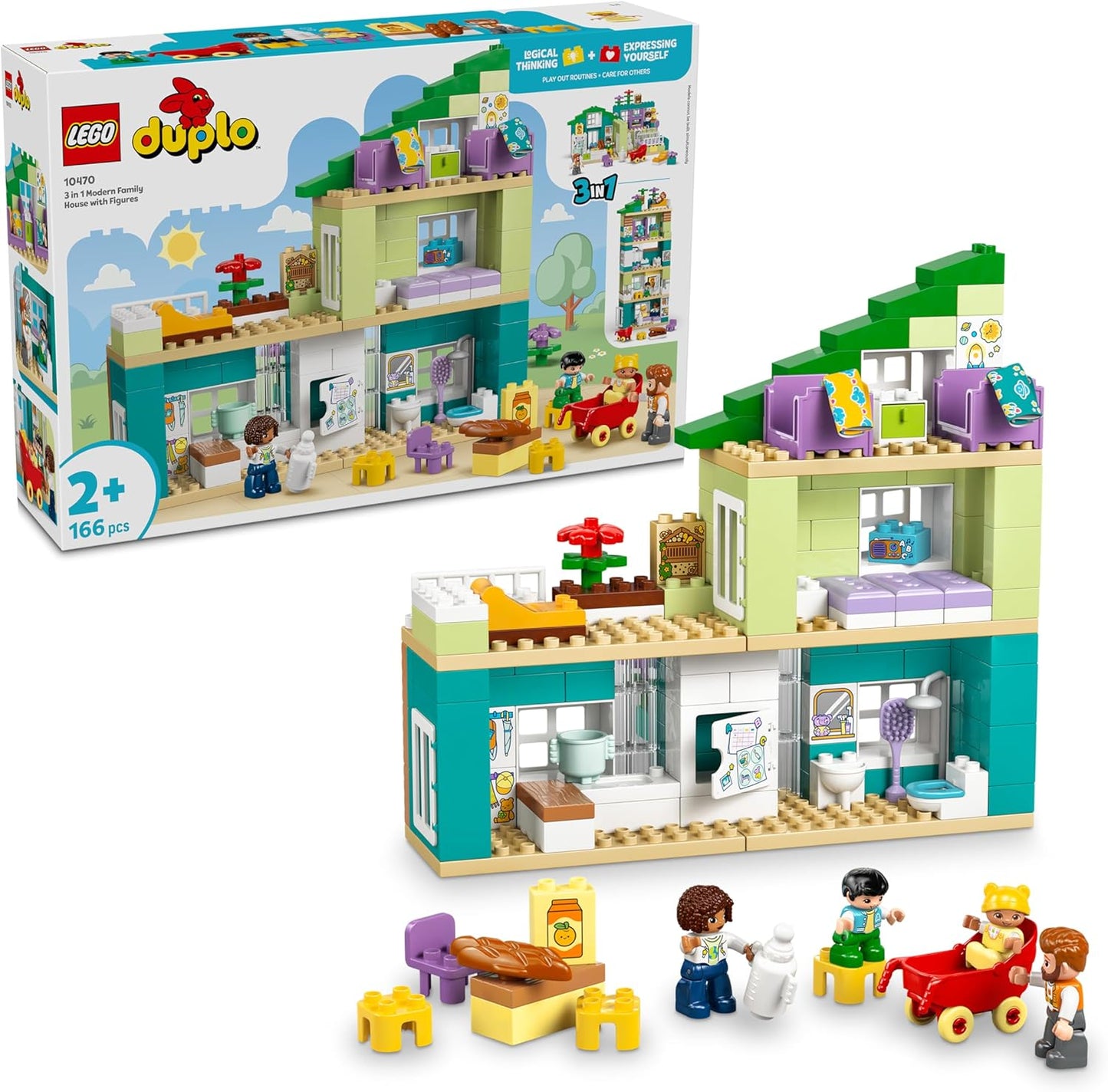 LEGO DUPLO 3 em 1 Casa Moderna com Figuras - Brinquedo Educativo para Desenvolvimento da Coordenação Motora em Crianças - Conjunto Montessori Interativo com Acessórios para Casa de Bonecas Presente para Meninas e Meninos a partir de 2 Anos 10470