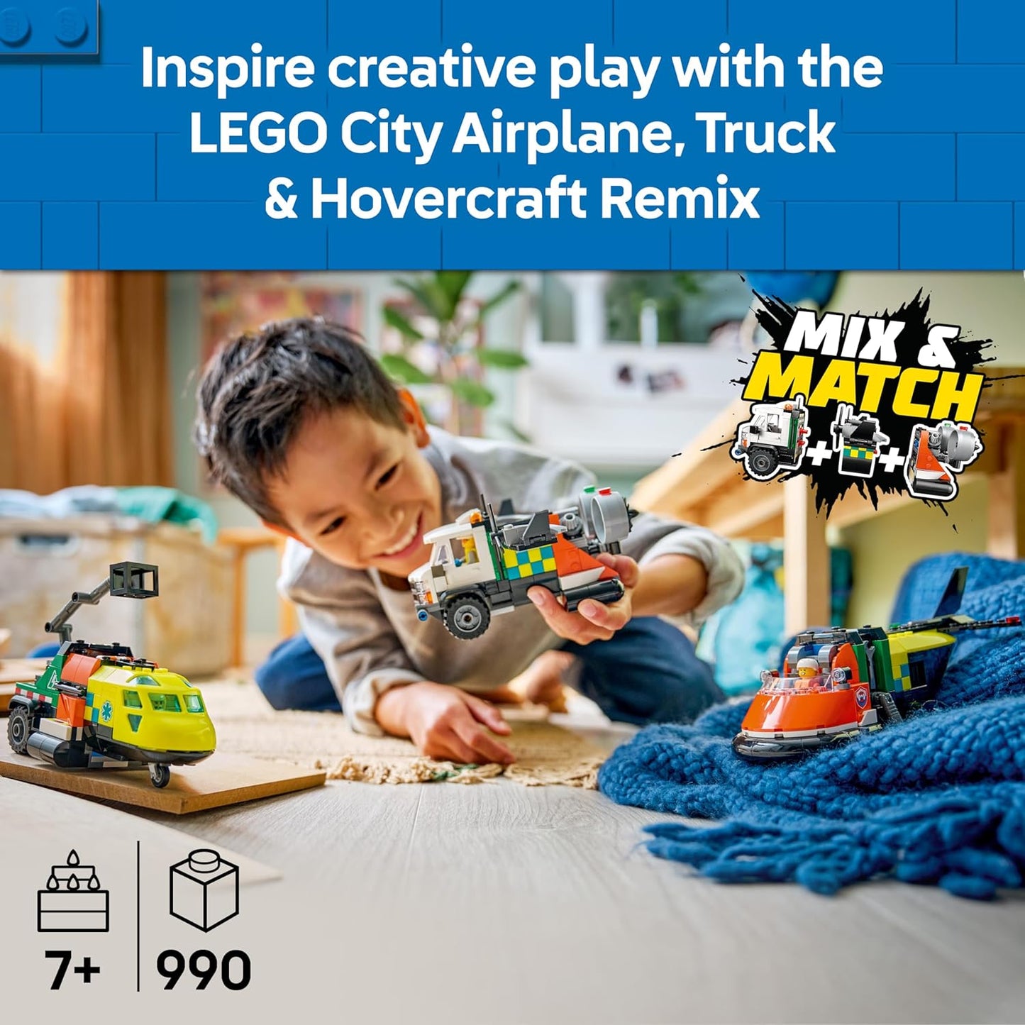 LEGO City 3 em 1: Avião, Caminhão de Serviço e Aerobarco - Kit de Veículos para Montar e Combinar com 3 Minifiguras - Ideia de Presente de Aniversário STEM para Meninos a partir de 7 Anos - 60505