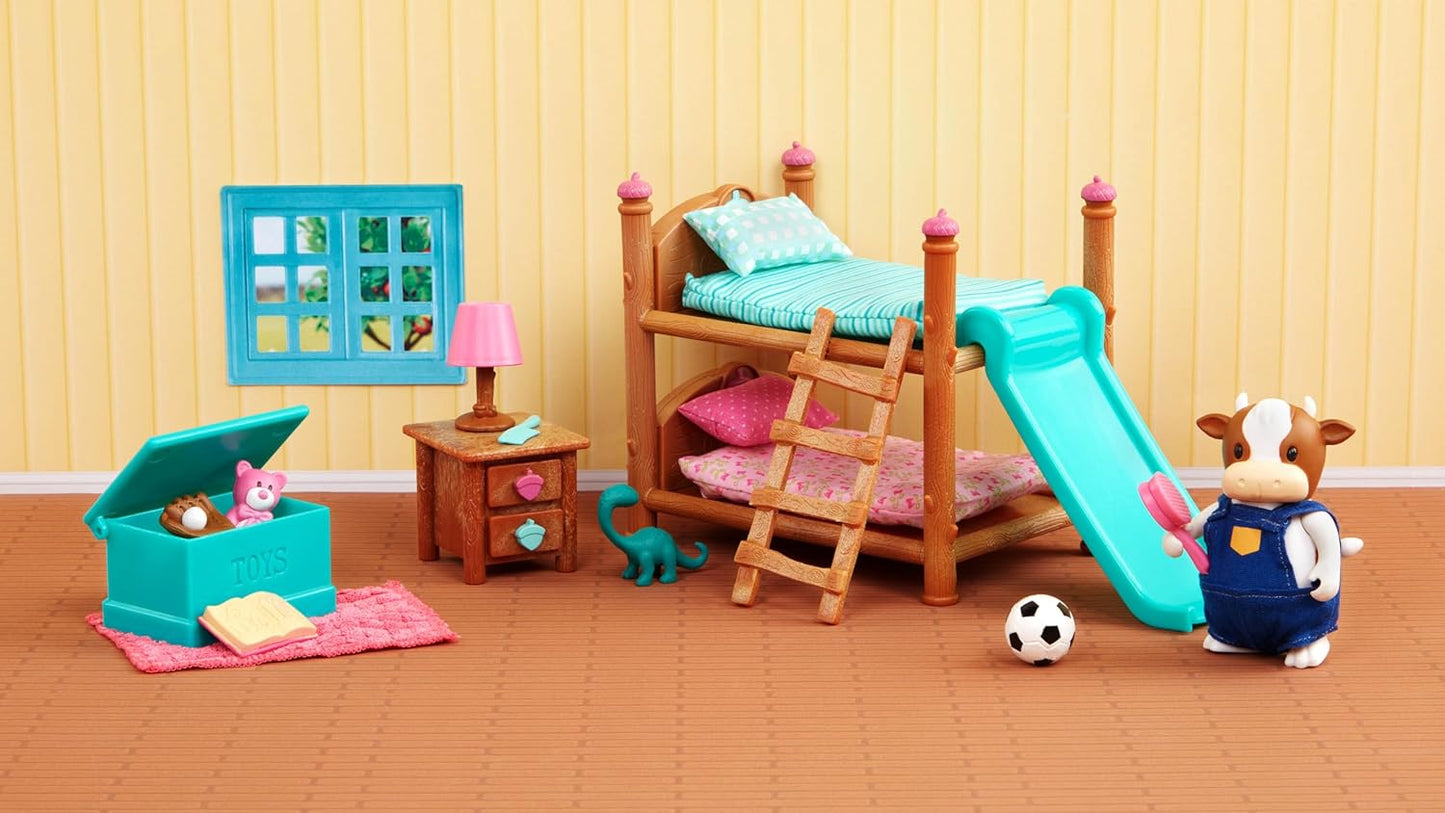 Li'l Woodzeez WZ6705Z Dinossauro, animais Li’l Woodzeez – Conjunto de beliche de 18 peças com móveis e acessórios de quarto – Brinquedos em miniatura e conjuntos de jogos para crianças a partir de 3 anos, Azul, Klein