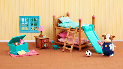 Li'l Woodzeez WZ6705Z Dinossauro, animais Li’l Woodzeez – Conjunto de beliche de 18 peças com móveis e acessórios de quarto – Brinquedos em miniatura e conjuntos de jogos para crianças a partir de 3 anos, Azul, Klein