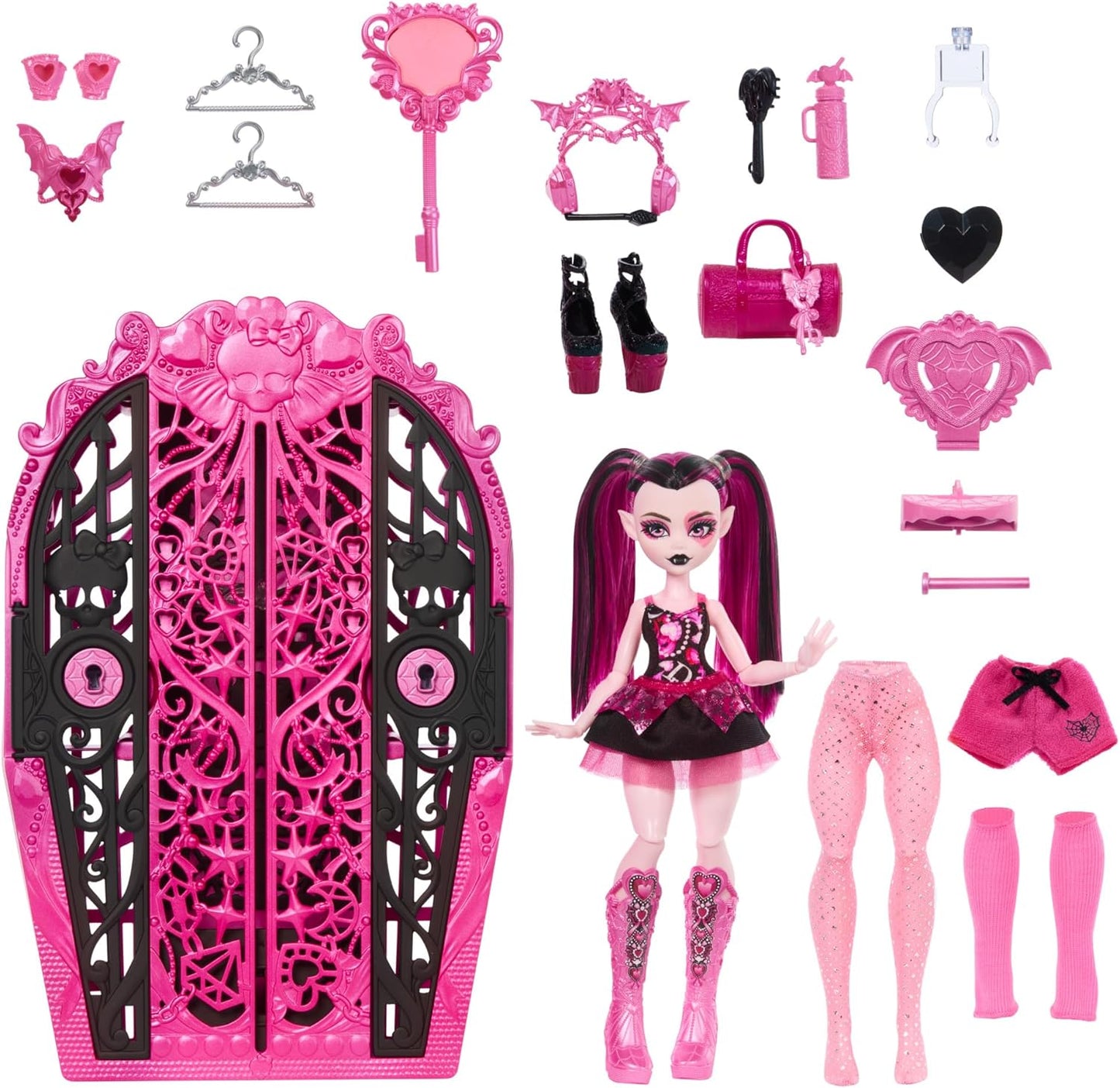 Monster High Skulltimate Secrets Juego de muñecas y accesorios, Monster Mysteries Draculaura con tocador y más de 19 sorpresas, incluida ropa de muñeca, HXH84