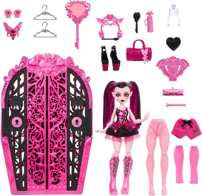 Monster High Skulltimate Secrets Juego de muñecas y accesorios, Monster Mysteries Draculaura con tocador y más de 19 sorpresas, incluida ropa de muñeca, HXH84