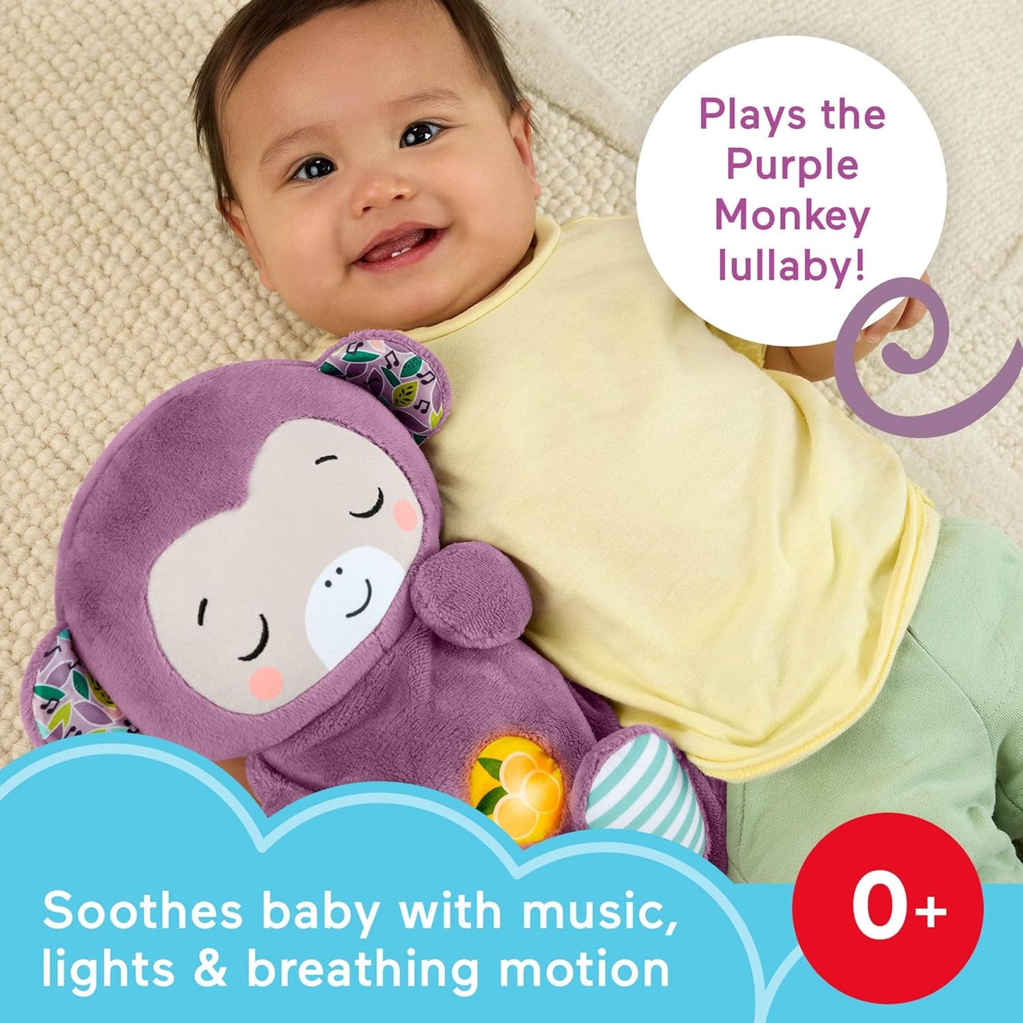 Fisher-Price Brinquedo para Bebê Soothe ‘n Snuggle Macaco de Pelúcia Roxo com Sons Sonoros, Movimentos de Respiração e Luzes para Recém-Nascidos a partir de 0 Meses, JLH41