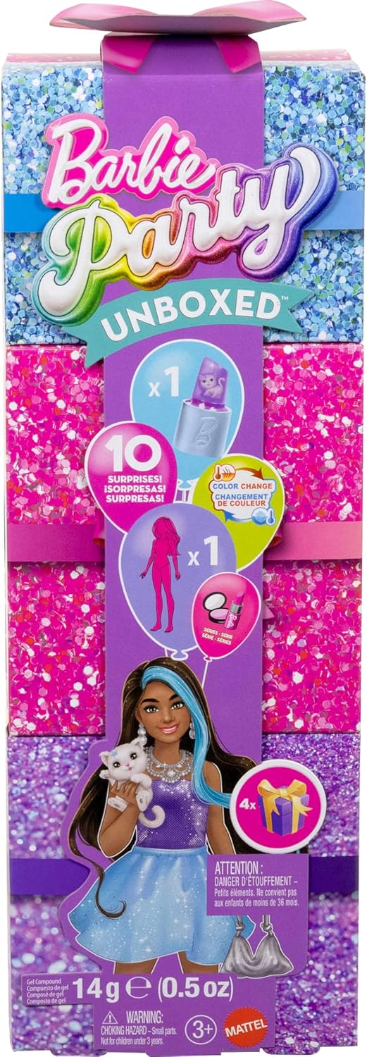 Barbie Festa sem Caixa: Boneca e Acessórios, Série Festa Glamourosa com 10 Surpresas, Incluindo Boneca Roxa Brilhante que Muda de Cor, JFY66