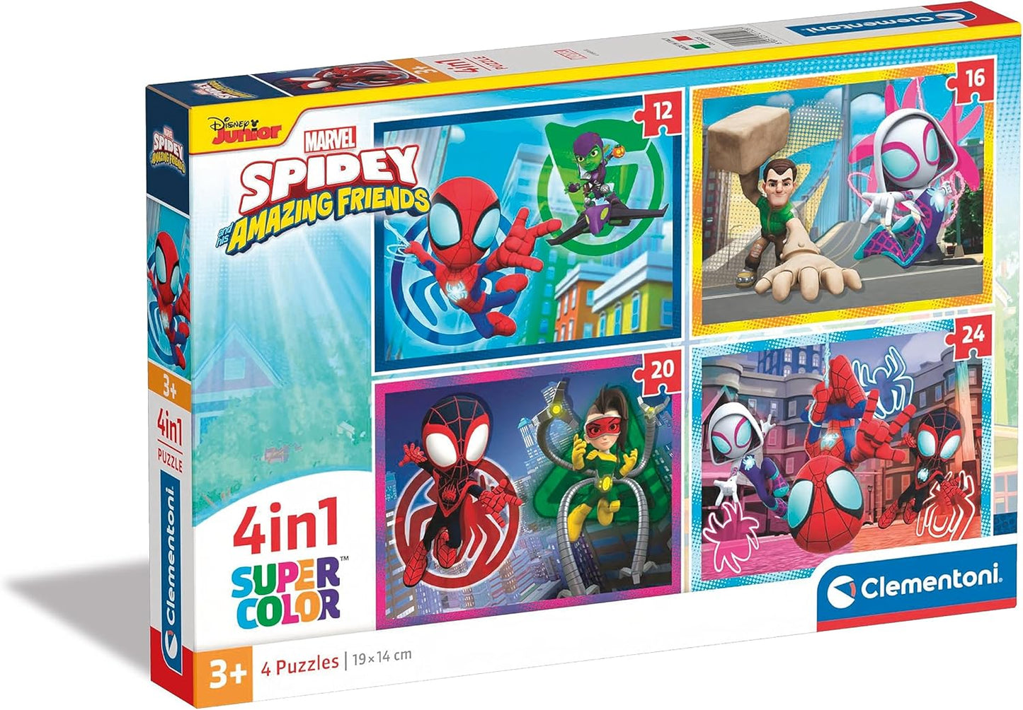 Clementoni - 21528 - Quebra-cabeça Supercolor 4 em 1 - Marvel Homem-Aranha e Seus Incríveis Amigos - 12+16+20+24 Peças, Quebra-cabeça para Crianças a partir de 3 Anos, Quebra-cabeça de Desenho Animado, Fabricado na Itália