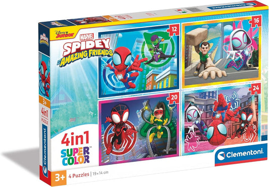 Clementoni - 21528 - Quebra-cabeça Supercolor 4 em 1 - Marvel Homem-Aranha e Seus Incríveis Amigos - 12+16+20+24 Peças, Quebra-cabeça para Crianças a partir de 3 Anos, Quebra-cabeça de Desenho Animado, Fabricado na Itália