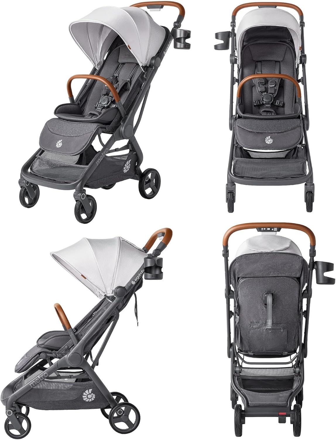 Ergobaby Carrinho de Bebê Metro 3 Deluxe com Função de Reclinação, Ideal para Bebês de 0 a 4 Anos (do Nascimento até 22kg), Dobrável com uma Só Mão e Compatível com Bebê Conforto, Cinza Pérola