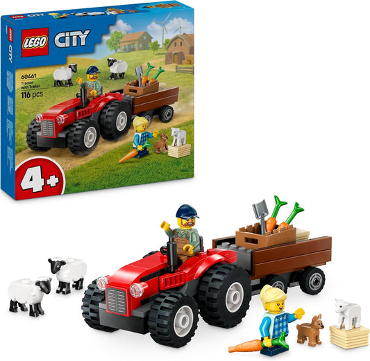 LEGO City 60461 Trator agrícola vermelho com trailer e conjunto de brinquedos para ovelhas - Conjunto de brinquedos com figuras de animais - Brinquedos Montessori para meninos e meninas de mais de 4 anos - Presentes de aprendizagem precoce