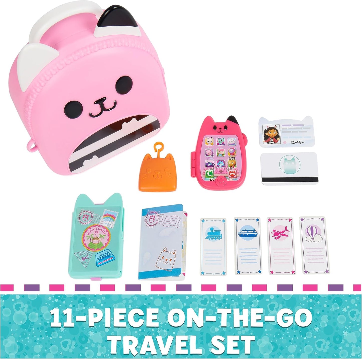 Gabby’s Dollhouse, Conjunto de Viagem Gabby Girl On-The-Go, Brinquedos de Viagem para Brincar de Faz-Tudo, Passaporte de Brinquedo, Telefone de Brinquedo e Bússola de Brinquedo, Brinquedos Infantis para Meninas e Meninos a partir de 3 Anos