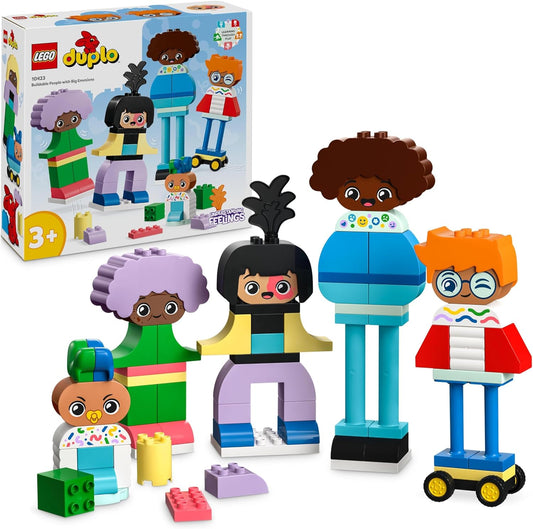 LEGO DUPLO Town Pessoas edificáveis com grandes emoções Brinquedos de aprendizagem para crianças para meninos e meninas de 3 anos ou mais, 5 personagens com 10 rostos de dramatização, 71 peças para diversão personalizável, ideia de presente 10423