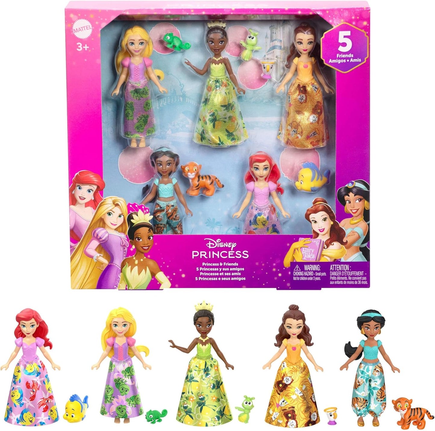Disney Conjunto Mattel Princess & Friends com 5 bonecas pequenas articuladas com saias ou calças removíveis e 5 figuras de amigas, inspirado nos filmes da Disney, JBL33