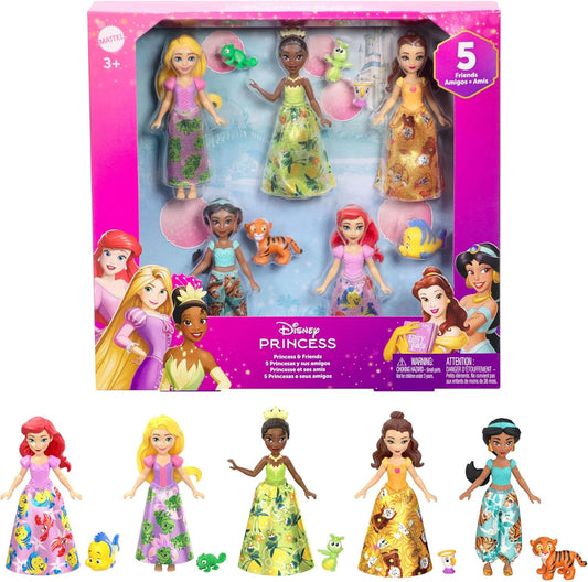 Disney Conjunto Mattel Princess & Friends com 5 bonecas pequenas articuladas com saias ou calças removíveis e 5 figuras de amigas, inspirado nos filmes da Disney, JBL33
