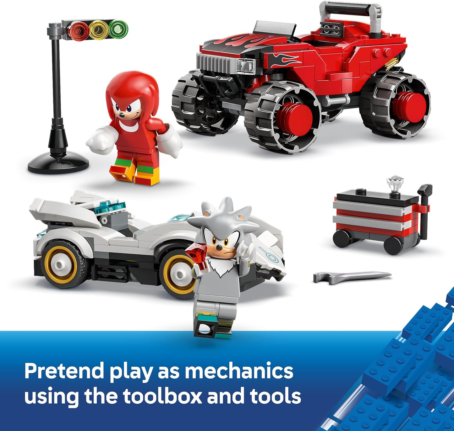 LEGO Sonic the Hedgehog Carro do Silver vs. Caminhão Monstro do Knuckles - Inclui 2 minifiguras e 2 Esmeraldas do Caos - Presente para crianças a partir de 8 anos - 77118