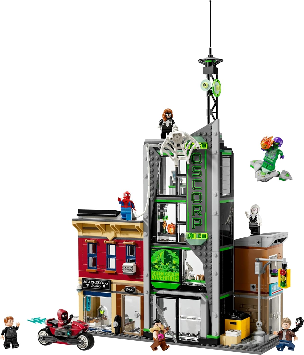 LEGO ǀ Marvel Homem-Aranha vs. Oscorp - Brinquedo interativo com uma moto, 8 minifiguras incluindo Miles Morales e Duende Verde - Presente colecionável de super-herói para meninos e fãs a partir de 10 anos - 76324