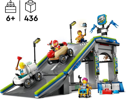LEGO City No Limits: Conjunto de pista de rampa para carros de corrida - Brinquedos de construção para meninos e meninas com mais de 6 anos - Rampa construível para corridas com 2 carros de sabão e 4 minifiguras - Aniversário divertido