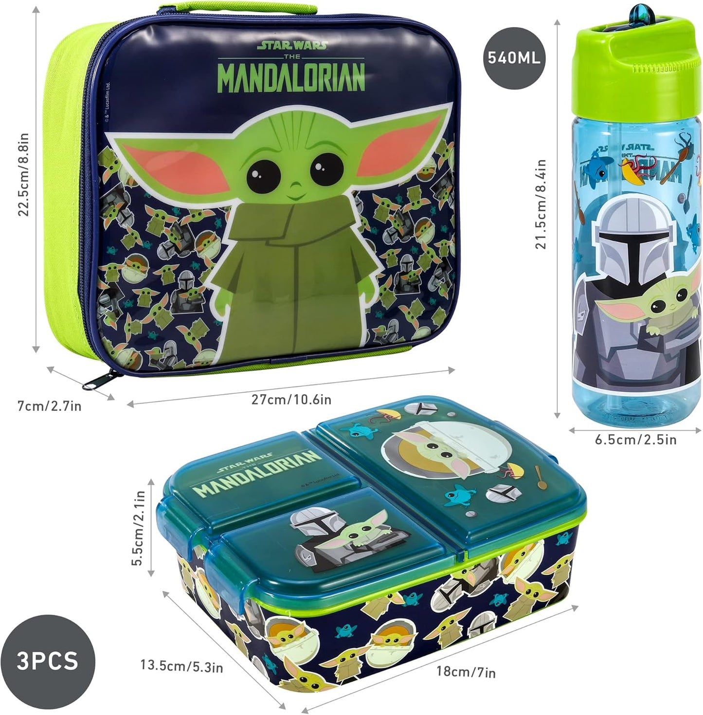 Zawadi Global Conjunto de lancheira infantil Star Wars Mandalorian Kids - lancheira isolada, lancheira com vários compartimentos e garrafa de água de 540 ml - conjunto de comida para almoço de viagem escolar,