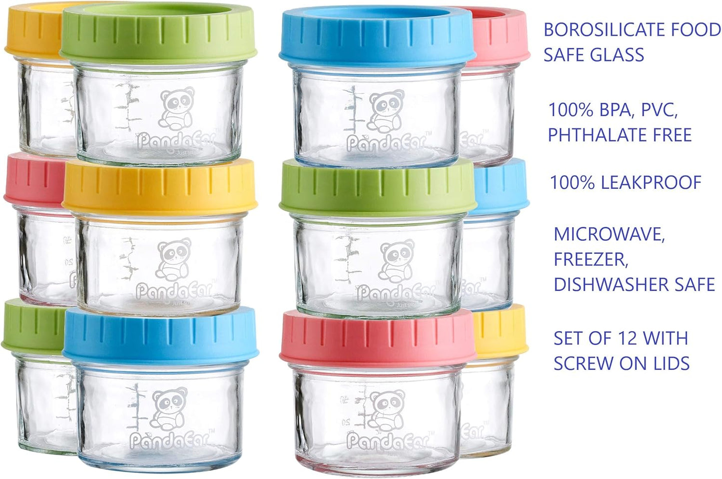 PandaEar (Pacote com 12 Potes de Vidro para Armazenar Comida de Bebê | Recipientes Pequenos Reutilizáveis de 120ml para Congelador com Tampas Herméticas à Prova de Vazamentos | Podem Ser Usados no Micro-ondas e na Lava-louças |