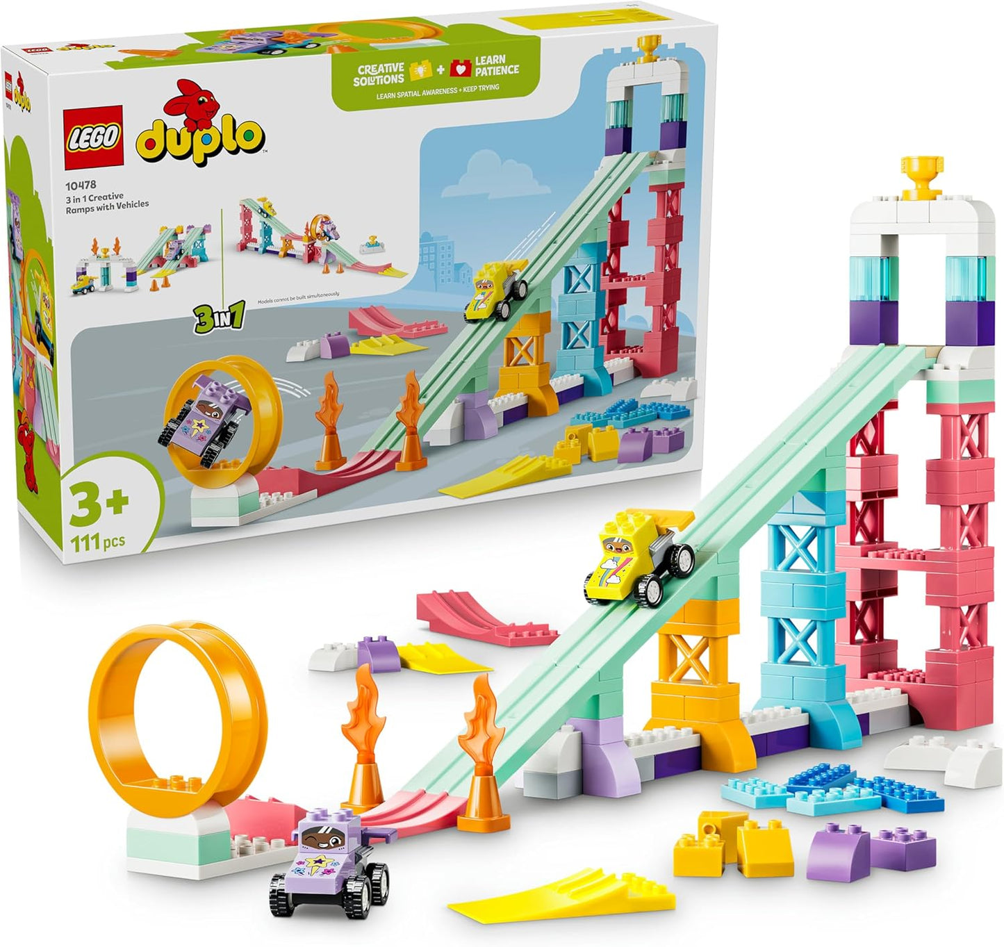 LEGO DUPLO 3 em 1 Rampas Criativas com Veículos - Brinquedo Educativo para Desenvolvimento da Coordenação Motora de Crianças Pequenas - Conjunto Montessori de Combinação de Cores com 2 Carrinhos de Corrida - Presente para Meninos e Meninas a partir