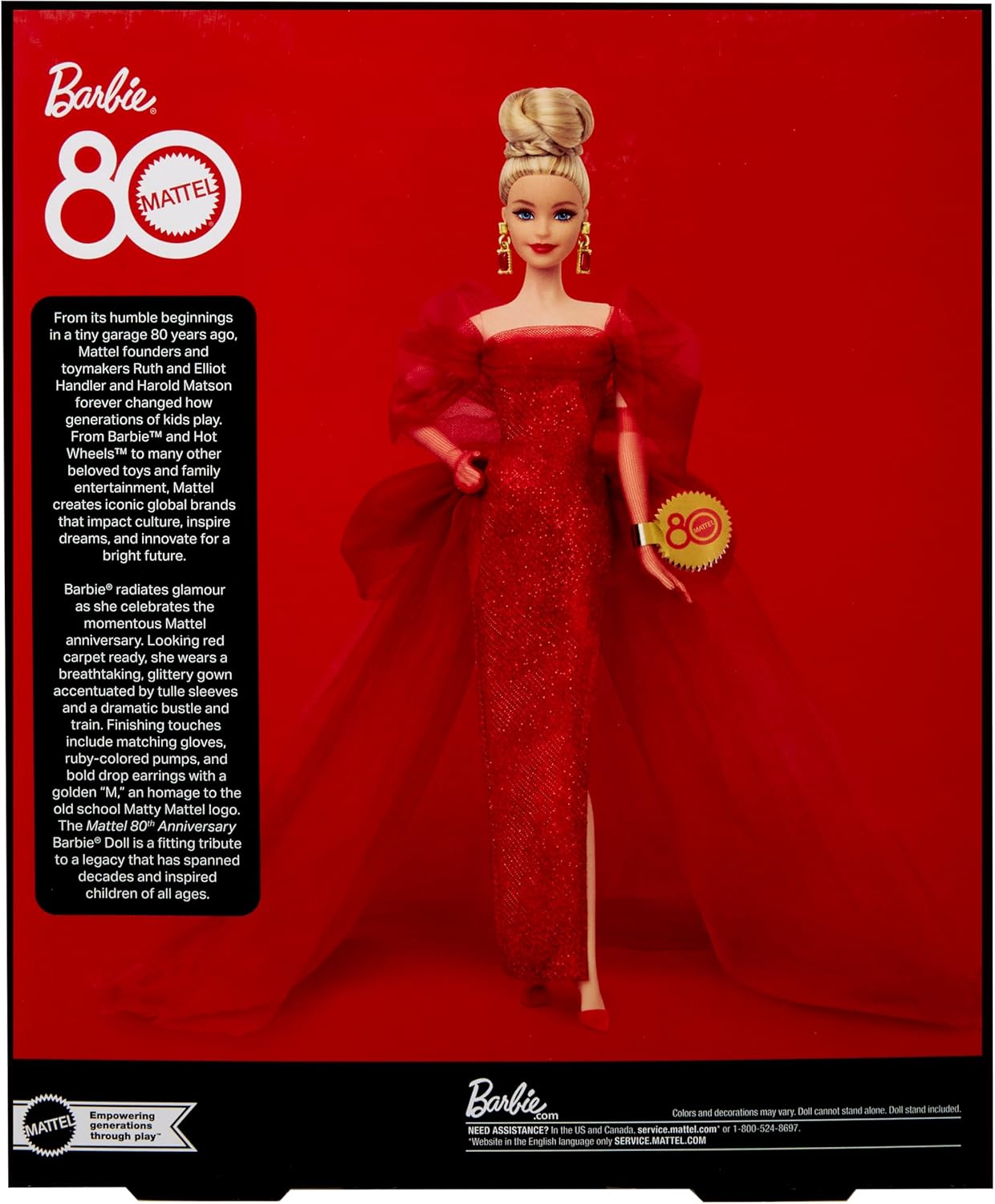 Barbie Boneca Signature, Edição de Colecionador do 80º Aniversário da Mattel, em Vestido de Tule Vermelho Brilhante com Brincos Pendentes e Luvas Transparentes, Cabelo Loiro, JBJ17