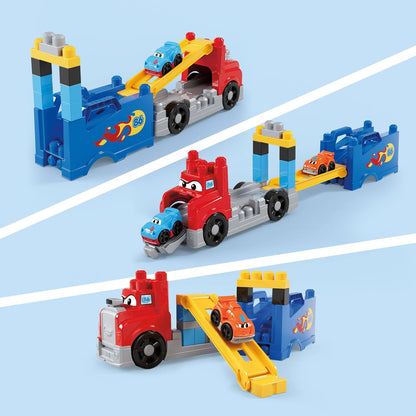 MEGA Brinquedo de blocos BLOKS First Builders "Build & Race Rig" para crianças pequenas; fácil de guardar — os blocos podem ser acomodados dentro do caminhão.