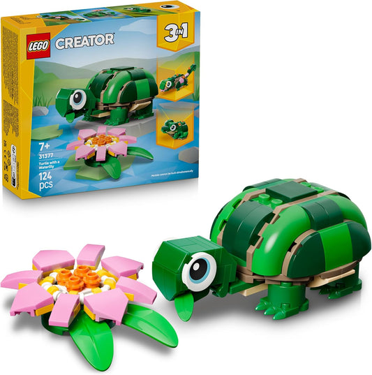 LEGO Creator Tartaruga 3 em 1 com Flor de Lírio-d'água - Figura de Animal que se Transforma em Camaleão ou Sapo - Ideia de Decoração de Mesa DIY - Presente de Aniversário para Meninas e Meninos a partir de 7 Anos - 31377