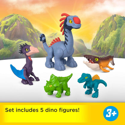Fisher-Price Conjunto de figuras de ação Imaginext Jurassic World Rebirth com 1 humano de 7,6 cm, 5 dinossauros, lançador de brinquedos e acessórios, JFR25