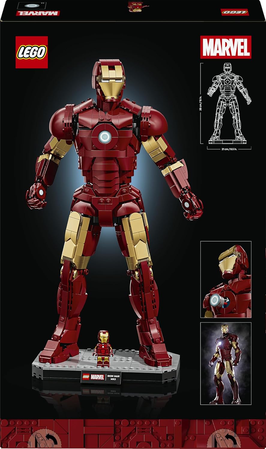 LEGO | Marvel Iron Man Mark 3 Collector's Edition Figure - Kit de Modelo de Exibição dos Vingadores para Adultos - Inclui Minifigura e Reator Arc - Presente Colecionável para Fãs - 76344