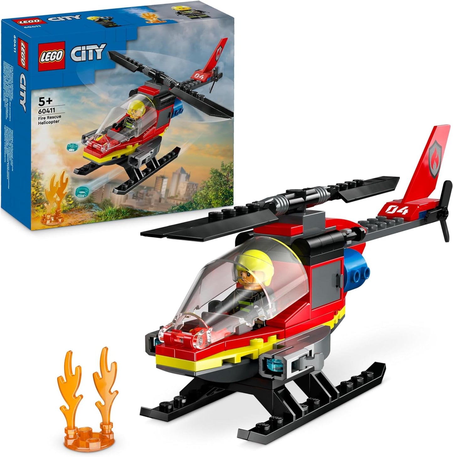 LEGO Urban Helicóptero de Rescate de Bomberos, juguete para niños y niñas a partir de 5 años, juego de construcción de vehículos con minifigura de piloto de bombero, regalo de juego imaginativo para niños 60411
