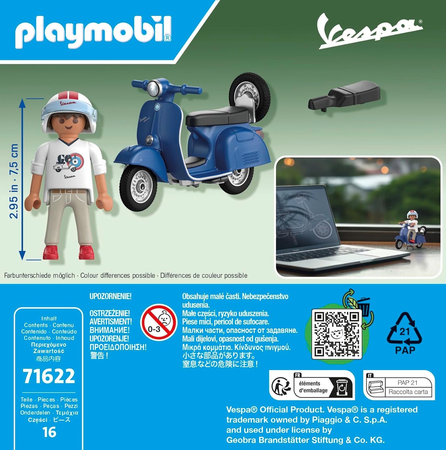 Playmobil Carros 71622: Vespa 150 Sprint Veloce 1969, azul, modelo fiel para colecionadores e fãs, inclui acessórios versáteis e estepe removível