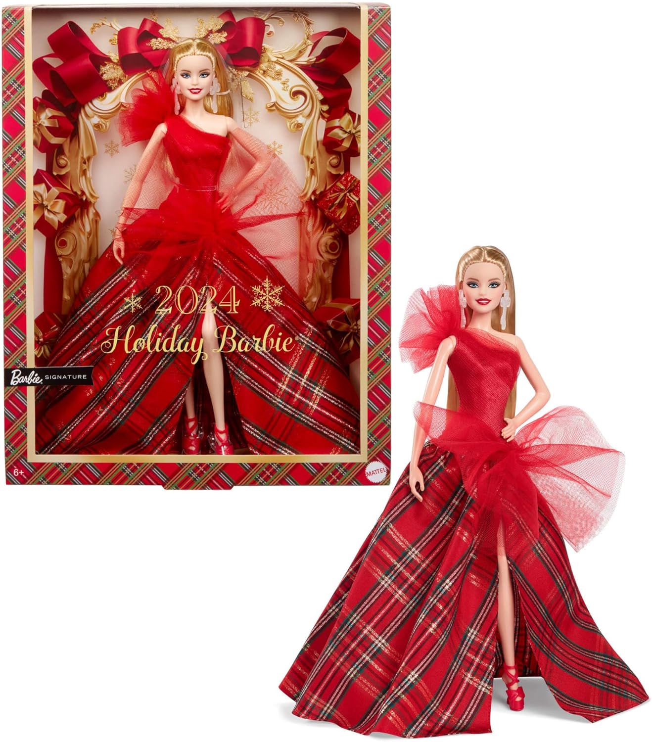Barbie Boneca Signature, Boneca Loira da Moda para o Natal de 2024, com Vestido e Saia Xadrez, Presente de Colecionador da Temporada em Embalagem Exibivel, HRM65