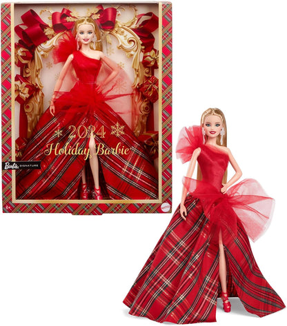 Barbie Boneca Signature, Boneca Loira da Moda para o Natal de 2024, com Vestido e Saia Xadrez, Presente de Colecionador da Temporada em Embalagem Exibivel, HRM65