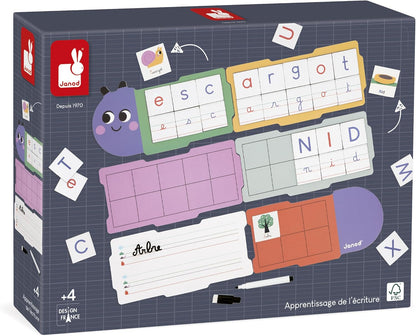 Janod - Aprender a escrever - Ideal para o jardim de infância e educação infantil - Aprender letras - 6 quadros e 78 letras magnéticas - Educacional