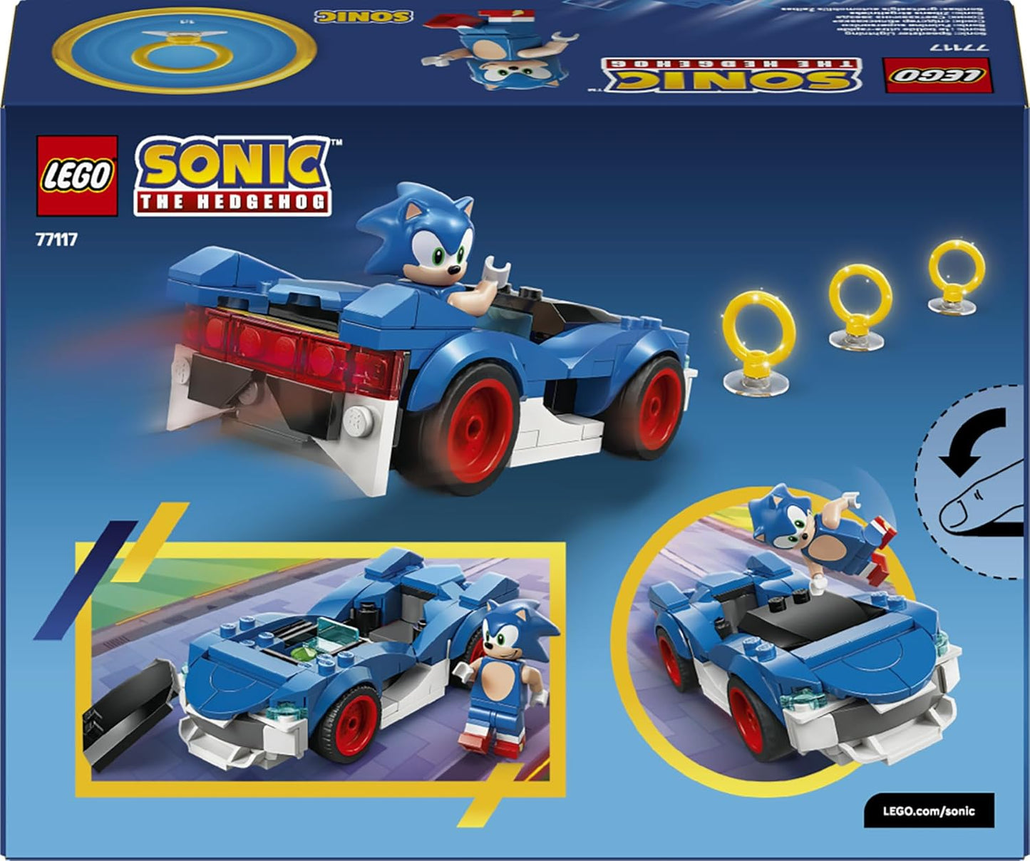 LEGO Sonic the Hedgehog: Sonic Speedster Lightning - Carro de Corrida de Brinquedo com Minifigura, Esmeralda do Caos e 3 Anéis Dourados - Presente Gamer para Meninos e Meninas a partir de 7 Anos - 77117
