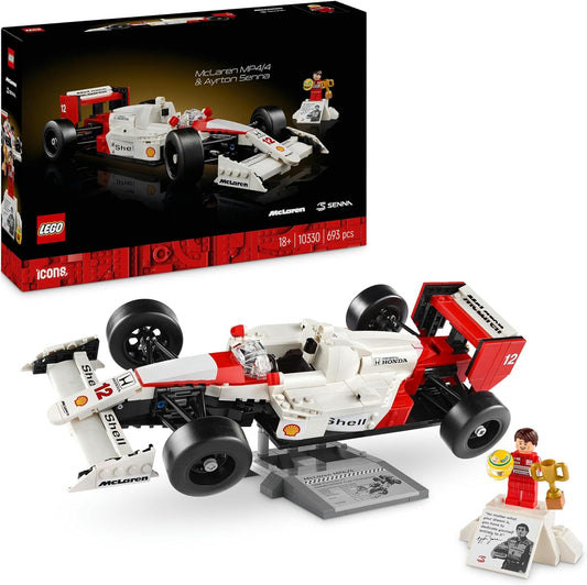 LEGO Conjunto de veículos Icons McLaren MP4/4 e Ayrton Senna, kit de modelo de carro de corrida F1 para adultos construir com minifigura de piloto de corrida, decoração de casa e escritório, presentes de aniversário para homens, mulheres, ele ou ela 10330
