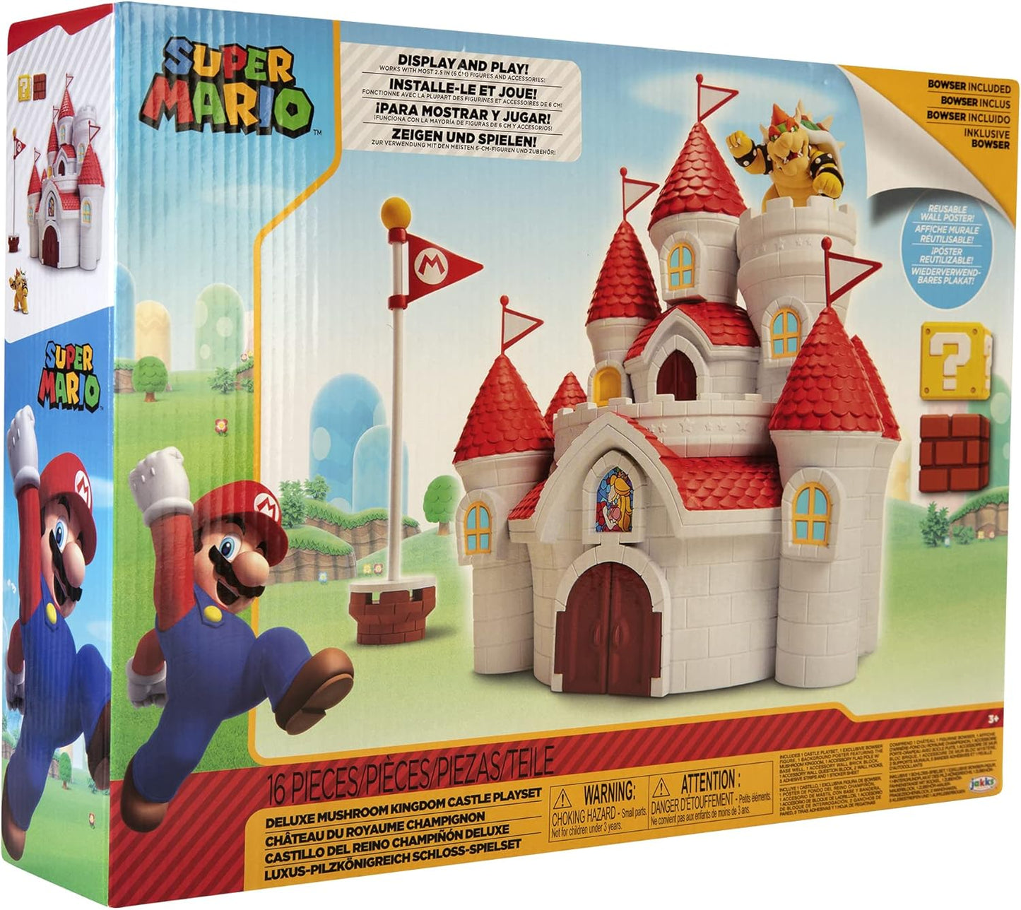 Nintendo Playset do Castelo do Reino Cogumelo da, oficialmente licenciado pela Jakks Pacific, inclui figura de ação exclusiva do Bowser de 6 cm (2,5") e acessórios, além de um pôster de parede.